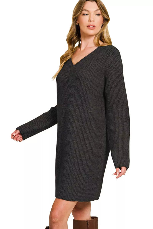 V-Neck Long Sleeve Ribbed Sweater Dress | Cozy Fall Fashion