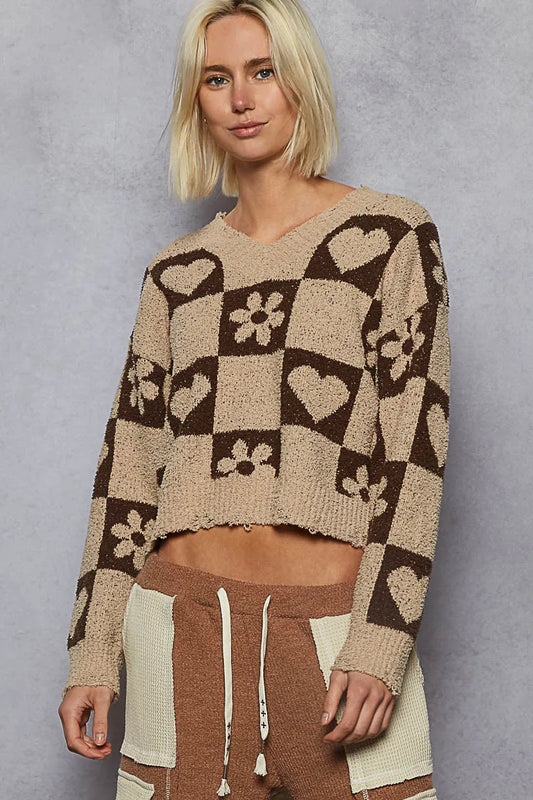 POL V-Neck Heart Pattern Sweater – Stylish Women’s Knitwear