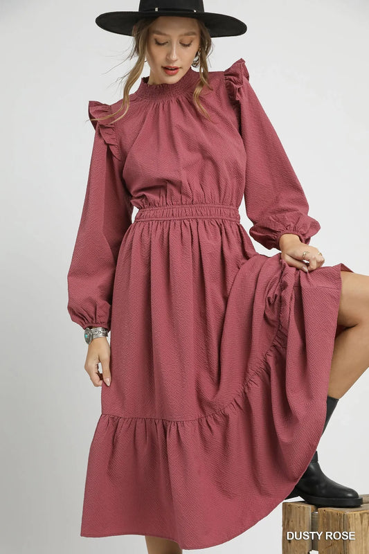 Textured Midi Dress with Ruffle Shoulder Detail by Umgee – Elegant