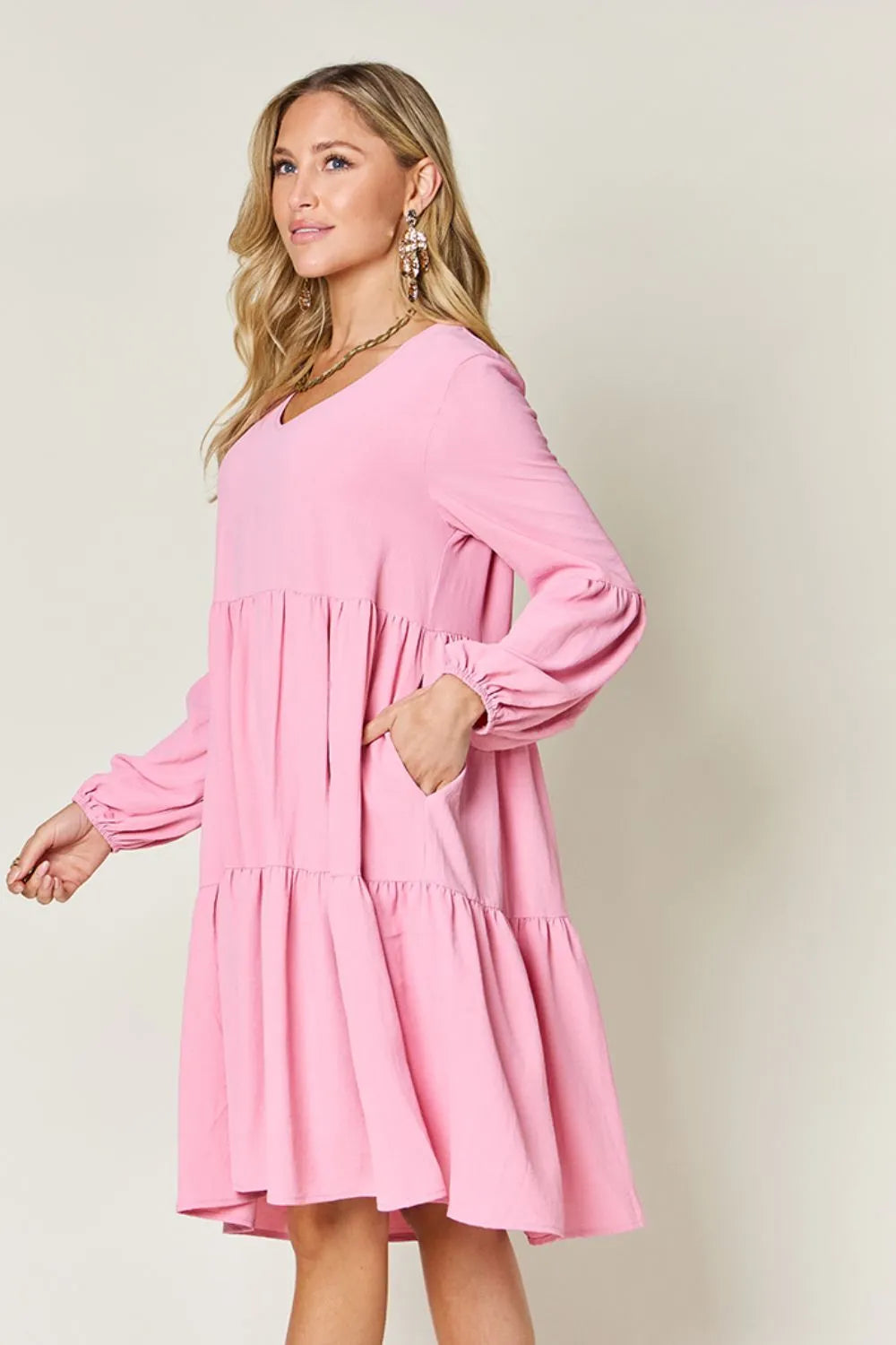 Double Take Full Size V-Neck Balloon Sleeve Tiered Dress | Pockets