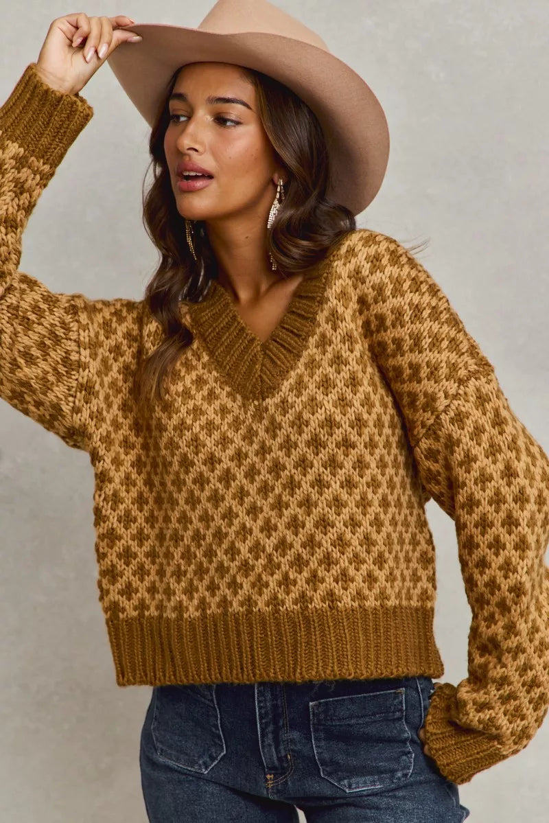 Color Block Textured Christmas Sweater by SO ME - Cozy V Neck Top