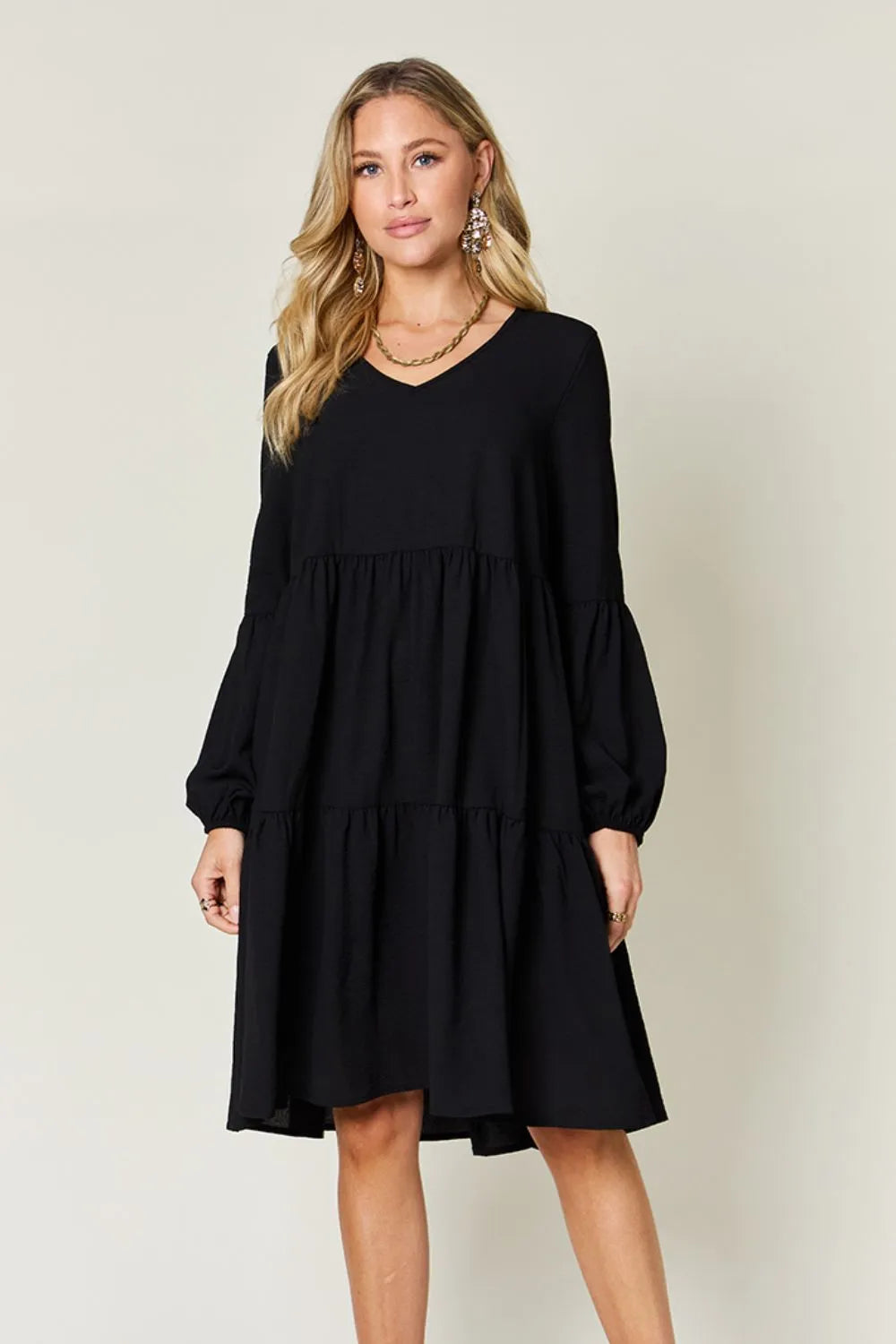 Double Take Full Size V-Neck Balloon Sleeve Tiered Dress | Pockets