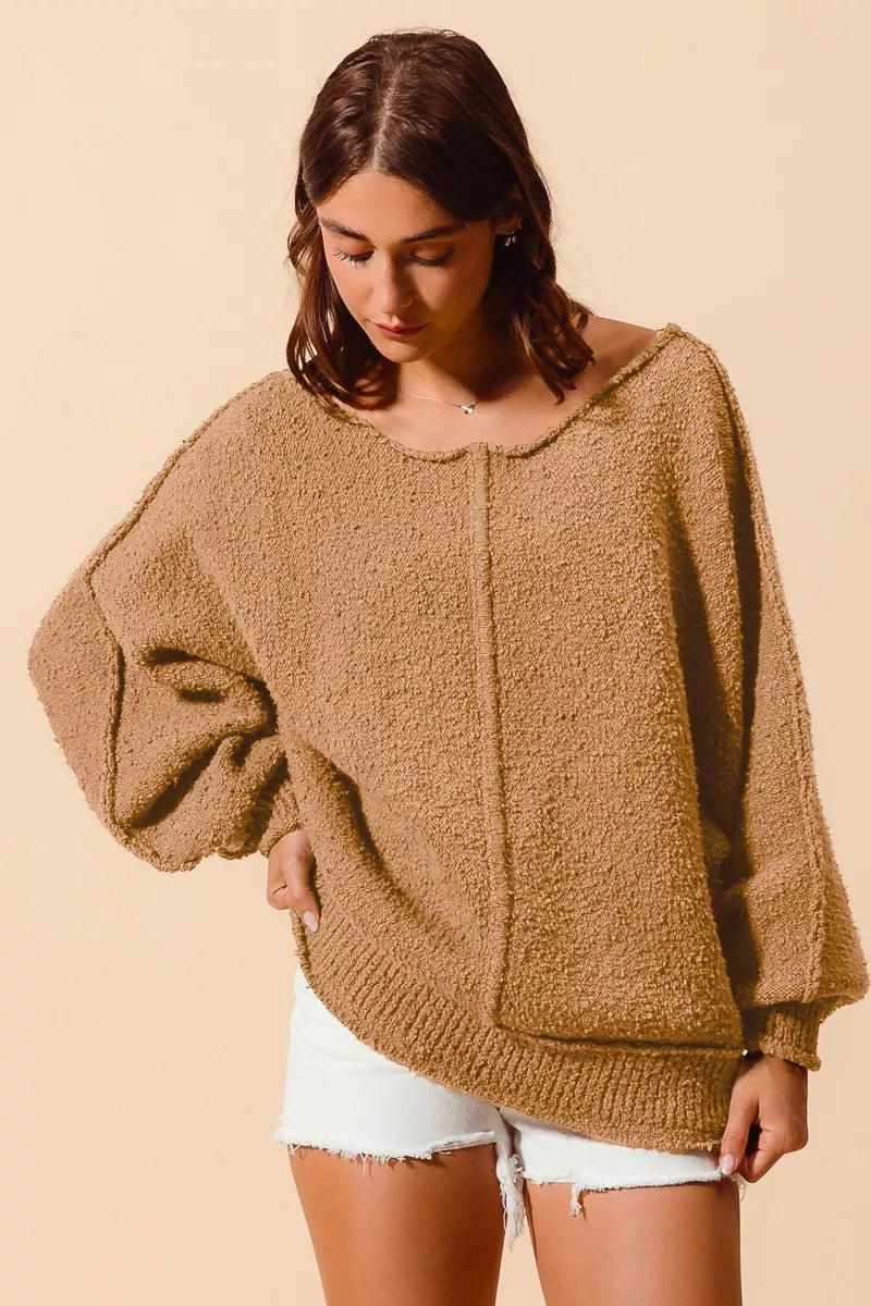 Loose Fit Exposed Seam Sweater by SO ME – Slouchy Boucle Style