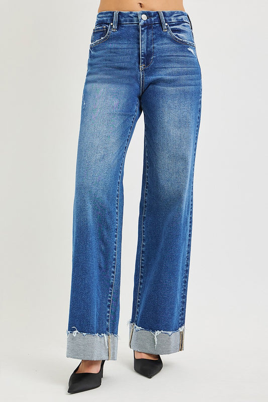 Centprime RISEN high rise wide leg jeans front view, model standing in vintage indigo denim featuring cuffed hem and relaxed fit
