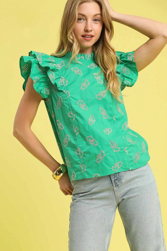 Umgee Eyelet Ruffle Cap Sleeve Blouse for Effortless Style