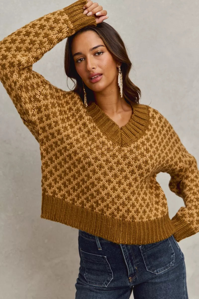 Color Block Textured Christmas Sweater by SO ME - Cozy V Neck Top