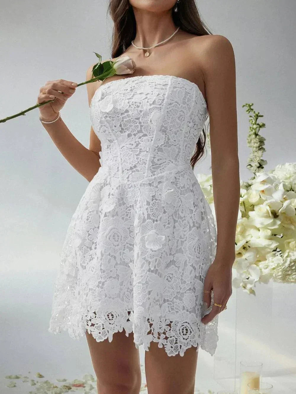 Devine Lace-Up Tube Lace Mini Dress
