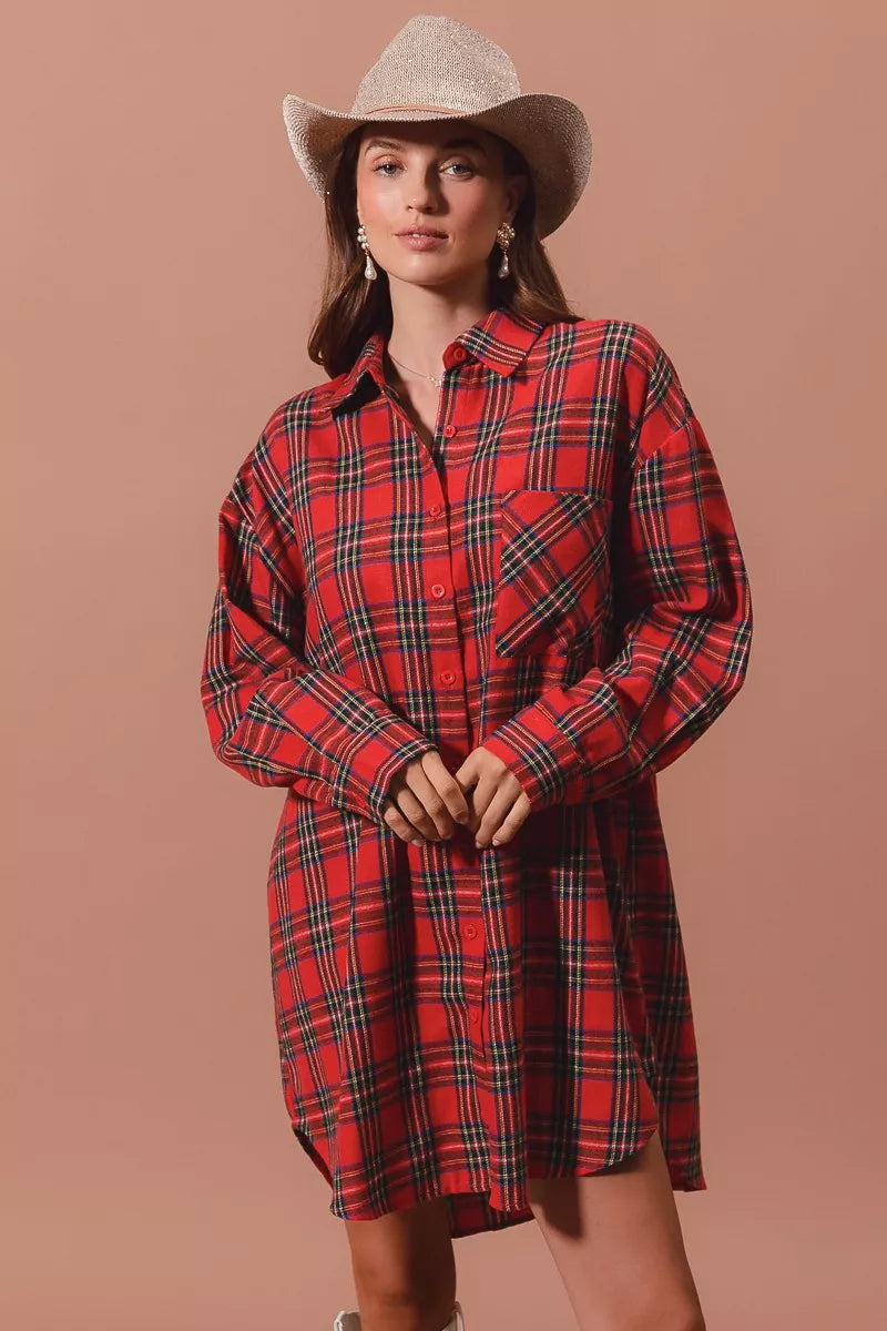 SO ME Christmas Checker Plaid Button Up Shirt Dress – Festive Style