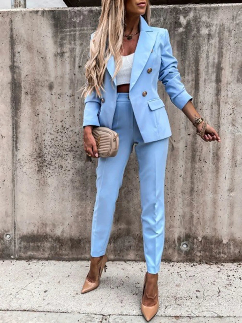 Lapel Collar Long Sleeve Blazer and Pants Set – Elegant Workwear Style