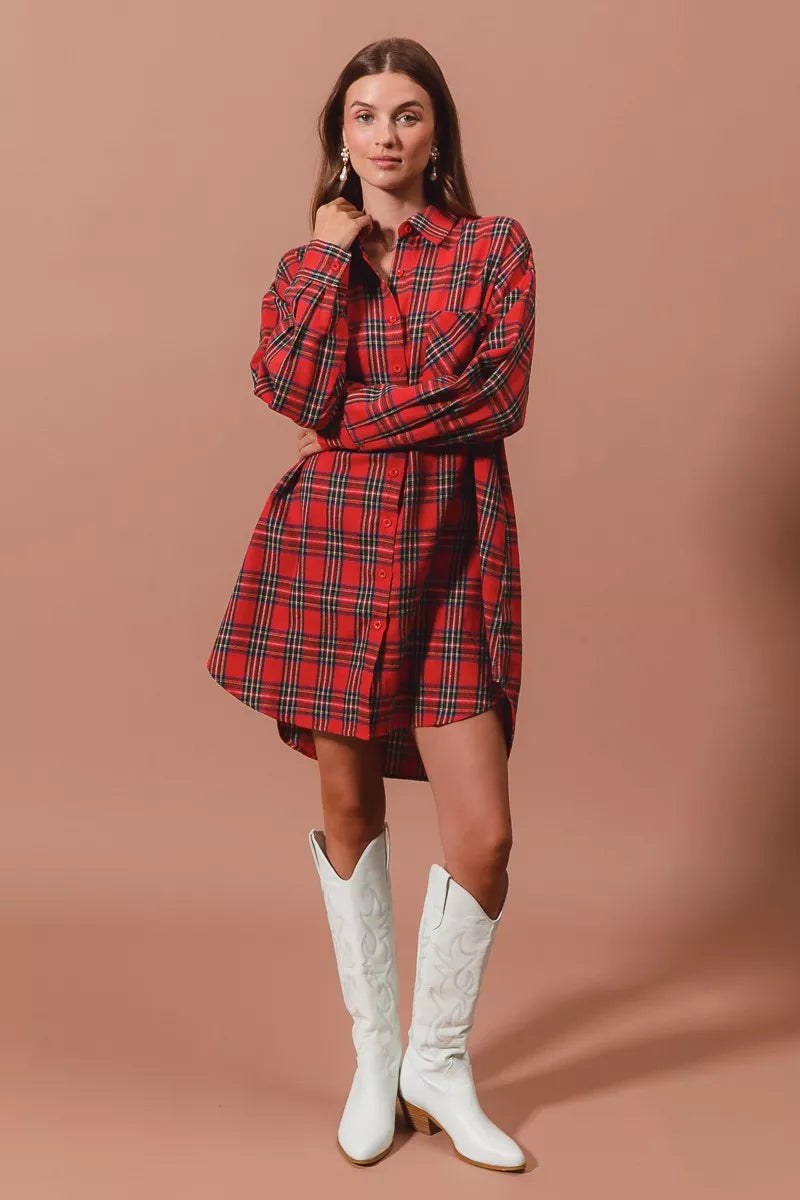 SO ME Christmas Checker Plaid Button Up Shirt Dress – Festive Style