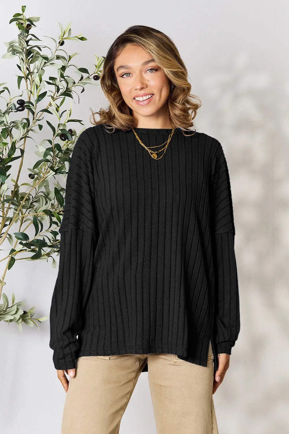 Basic Bae Full Size Ribbed Round Neck Slit Knit Top – Stylish Comfort