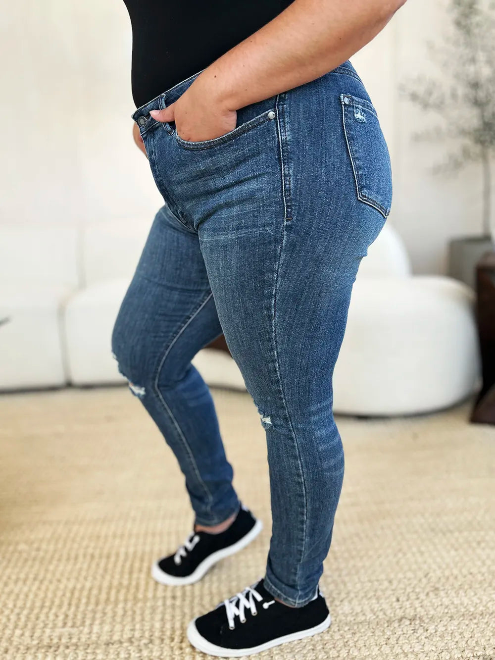 Judy Blue Full Size Mid Waist Distressed Slim Jeans | CentPrime Denim