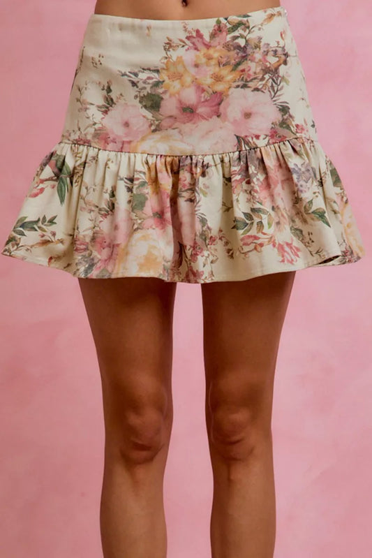 Close up of Double Take floral print fit and flare mini skirt waist and hem