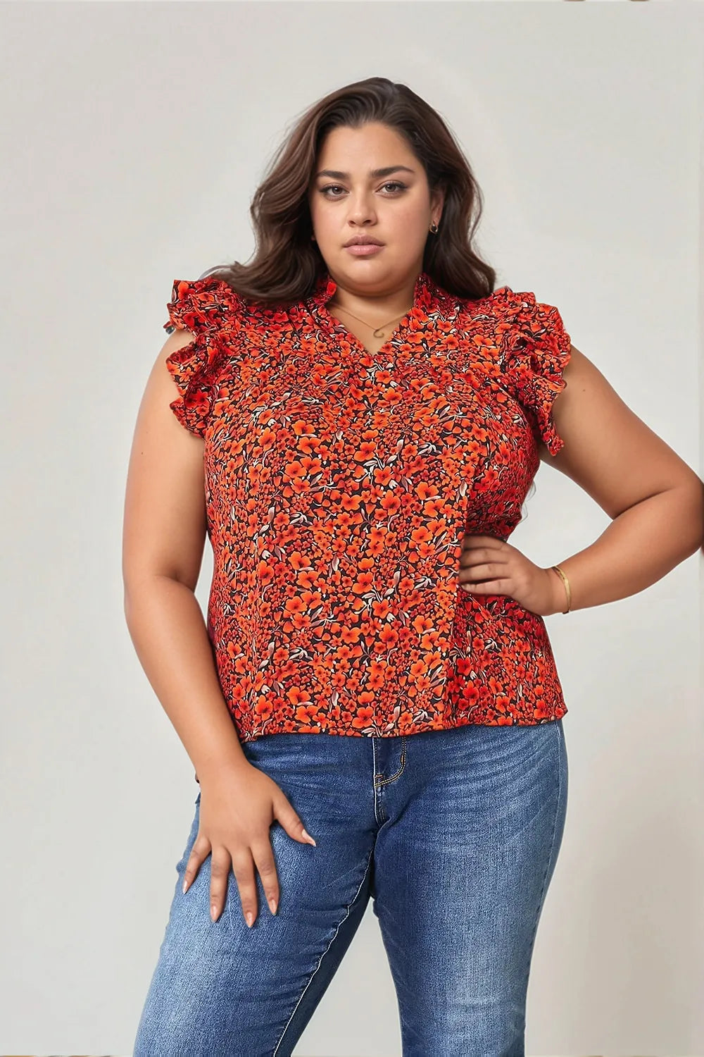 Double Take Floral Flutter Sleeve Notched Neck Blouse - Feminine Chic