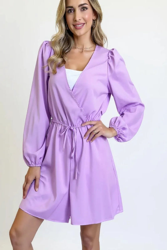 Double Take full size drawstring long sleeve romper front view showing relaxed fit and adjustable waist