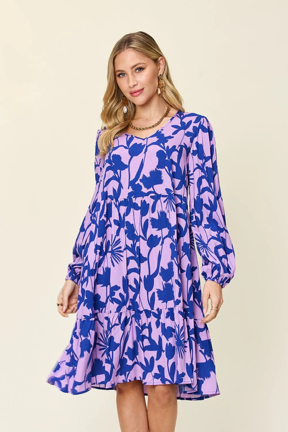 Front view of Double Take full size printed ruffle hem dress showcasing flattering shape and soft fabric
