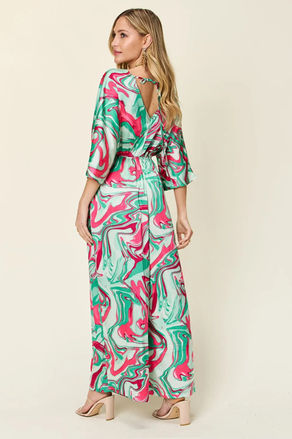 Double Take Full Size Wide Leg Jumpsuit back view - open or covered back jumpsuit with tie waist detail, wide leg drape, and full-size relaxed fit

