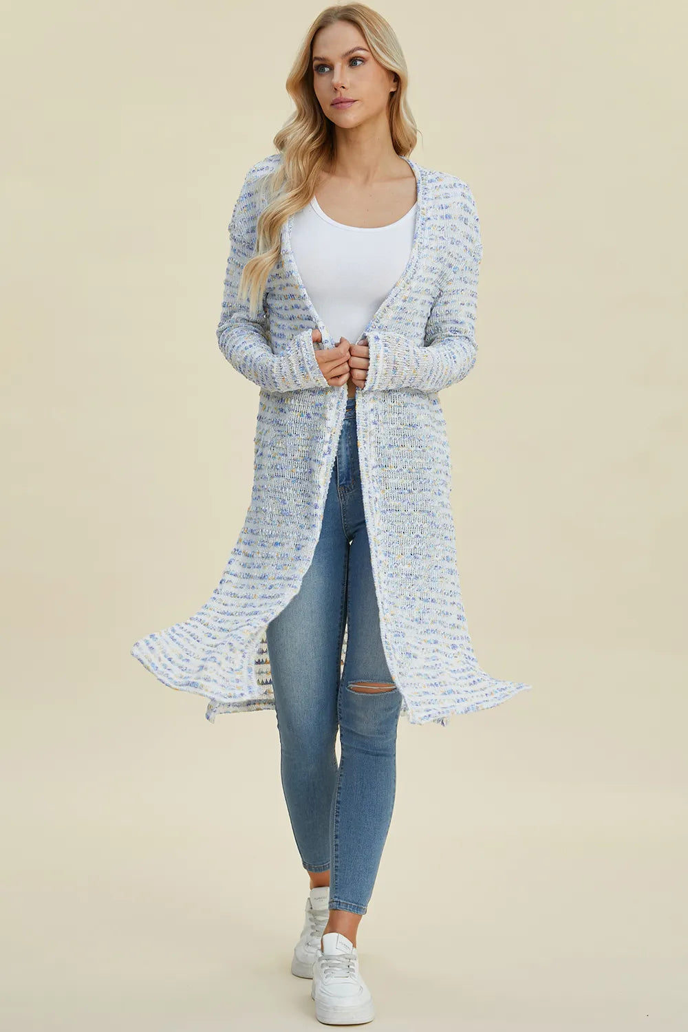 Front view of Double Take longline cardigan highlighting open front design and soft drape
