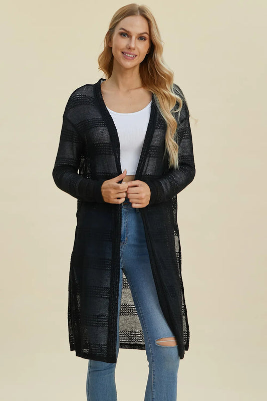 Model wearing Double Take full size open front longline cardigan, front view showing relaxed fit
