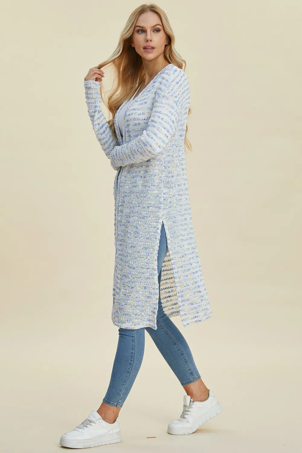 Side profile of Double Take full size cardigan highlighting lightweight layering design
