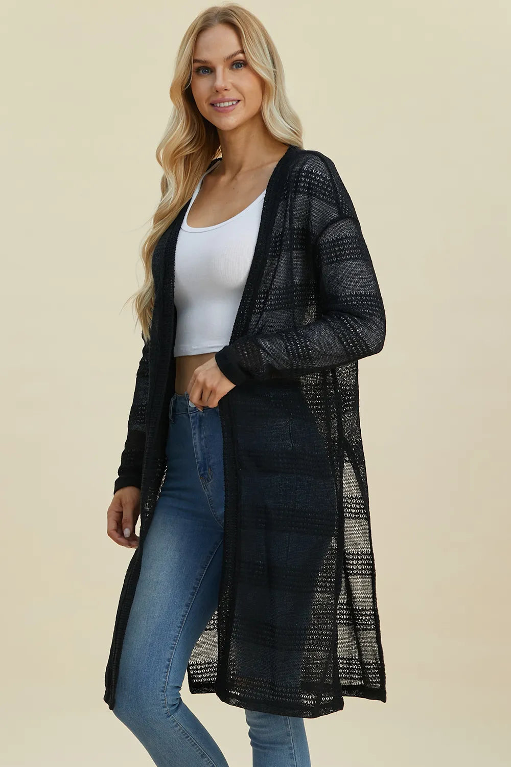 Side profile of Double Take full size cardigan highlighting lightweight layering design
