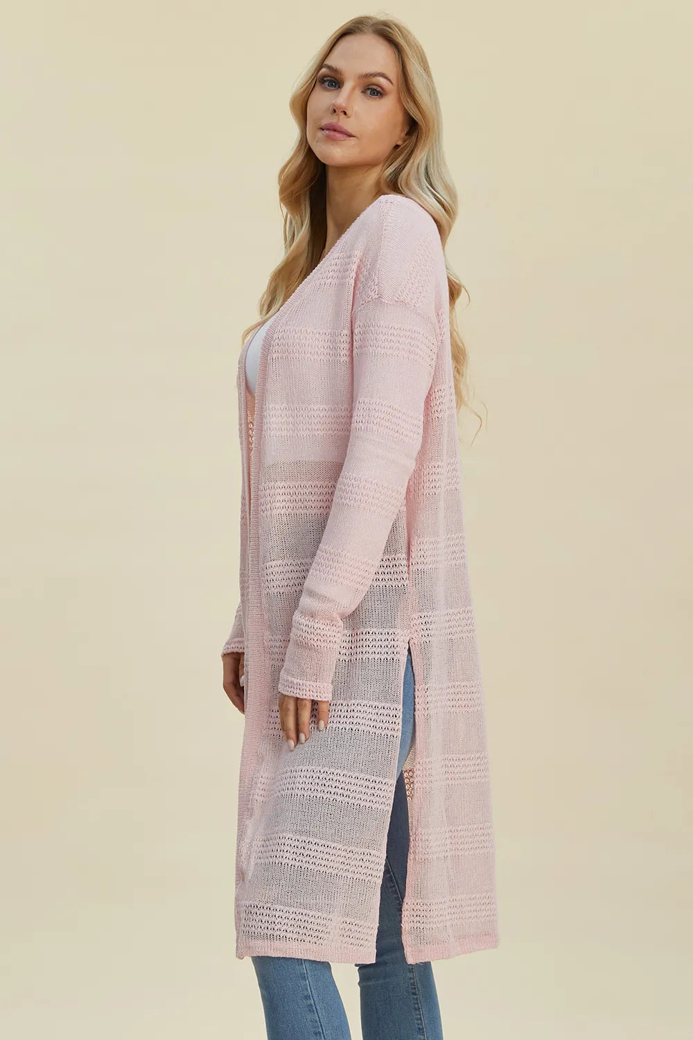 Double Take longline cardigan side view showing relaxed sleeves and soft fabric
