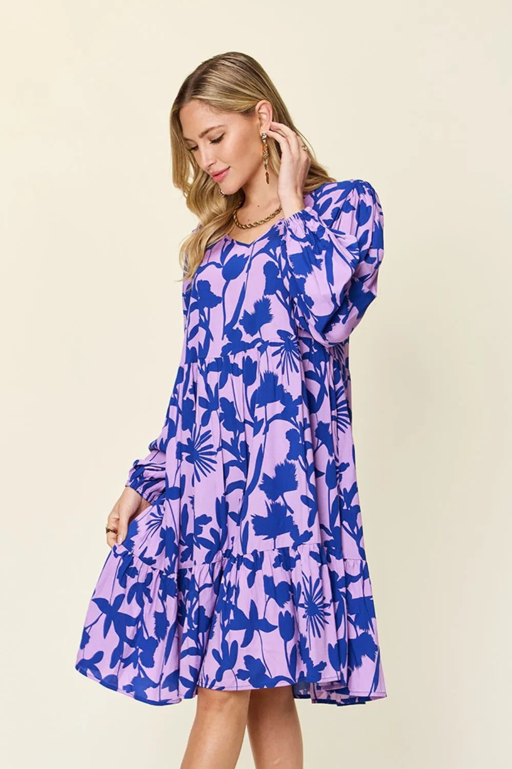 Double Take printed ruffle hem dress side angle highlighting relaxed fit and soft drape
