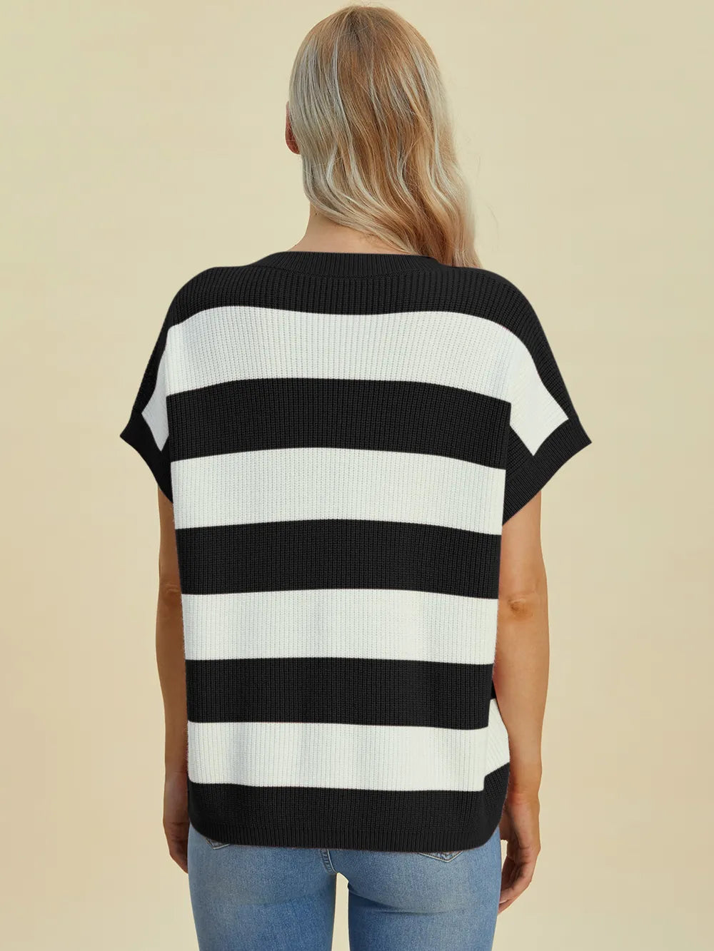 Back view of Double Take Striped V-Neck Short Sleeve Sweater highlighting relaxed fit and stripe alignment