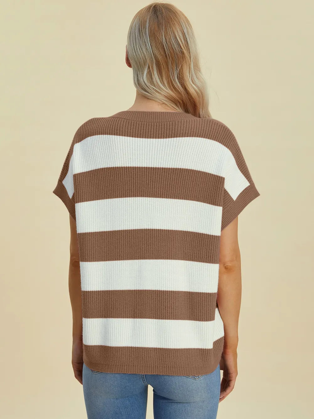 Back view of Double Take Striped V-Neck Short Sleeve Sweater showing soft knit fabric and full-size relaxed style