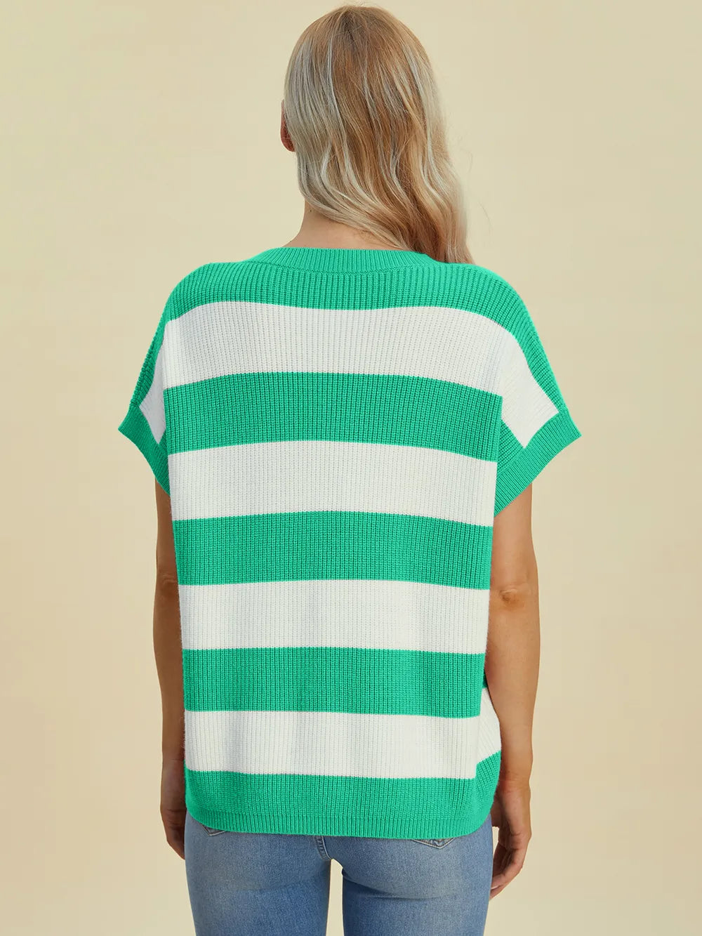 Model back view of Double Take Striped V-Neck Short Sleeve Sweater emphasizing stripe pattern and comfortable fit