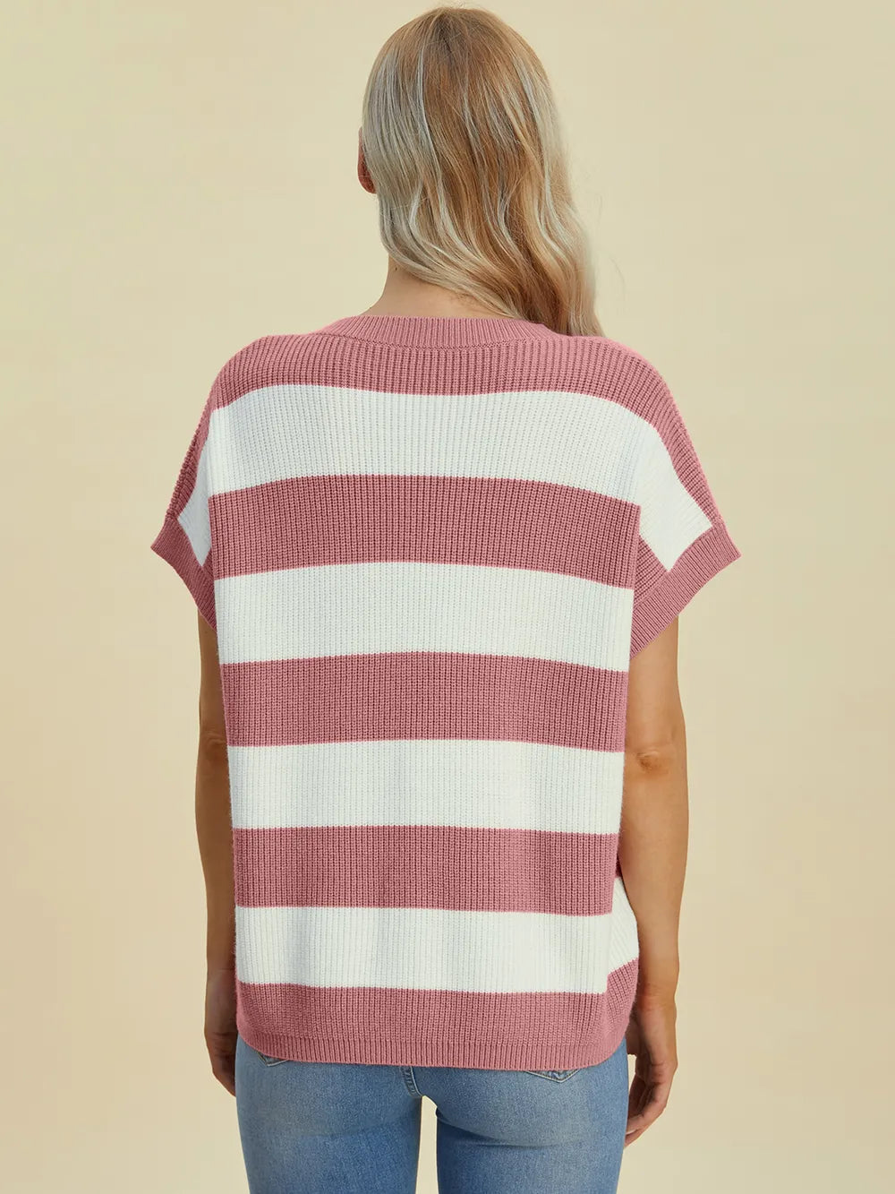 Close-up back view of Double Take Striped V-Neck Short Sleeve Sweater highlighting knit texture and stylish stripes