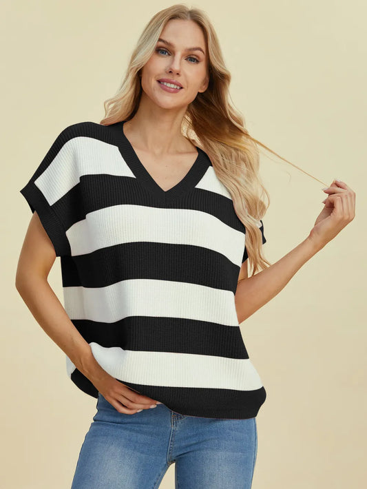 Front view of Double Take Striped V-Neck Short Sleeve Sweater showing soft breathable fabric and flattering full-size fit