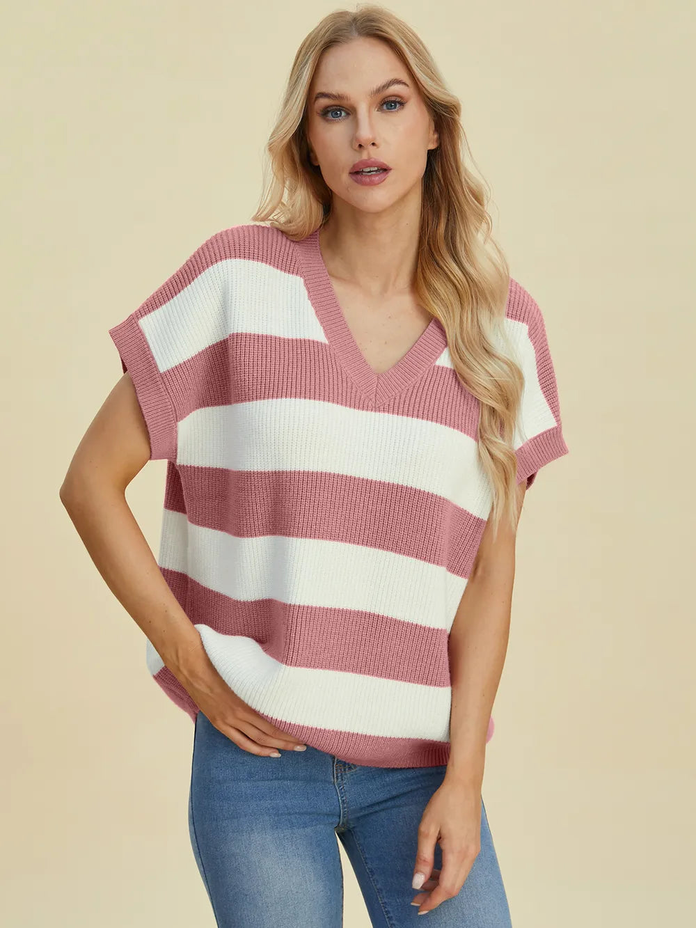 Model wearing Double Take Striped V-Neck Short Sleeve Sweater showcasing relaxed fit and short sleeve design