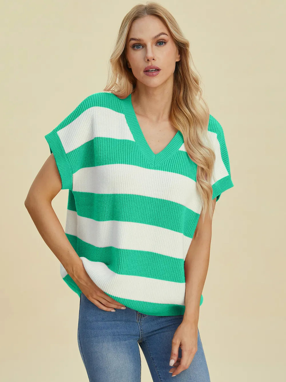 Close-up front view of Double Take Striped V-Neck Short Sleeve Sweater emphasizing stripe detail and breathable knit