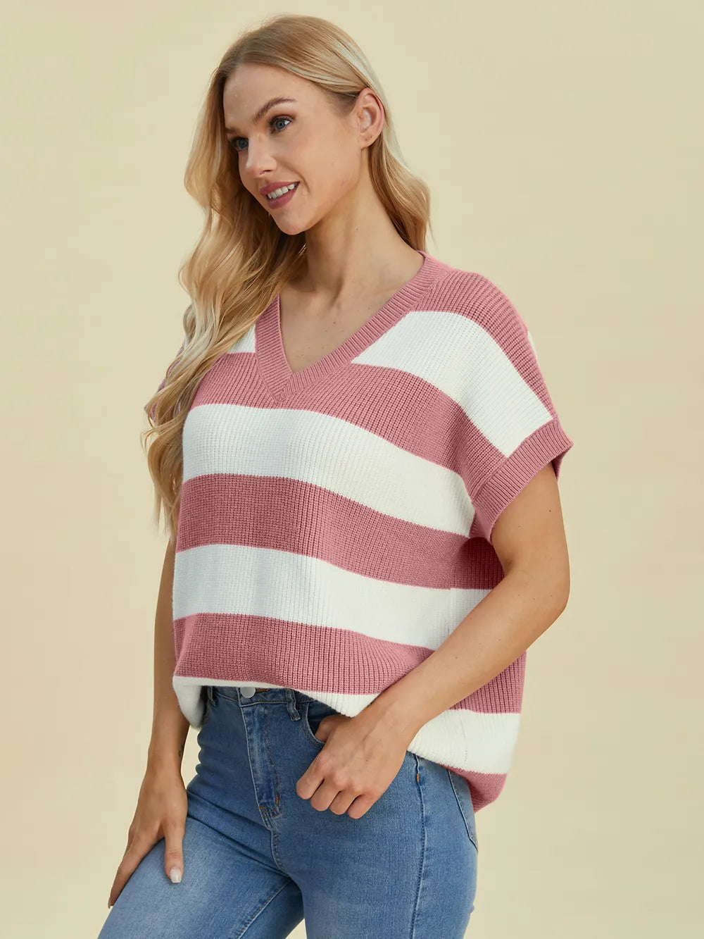 Model side view of Double Take Striped V-Neck Short Sleeve Sweater highlighting casual, comfortable fit