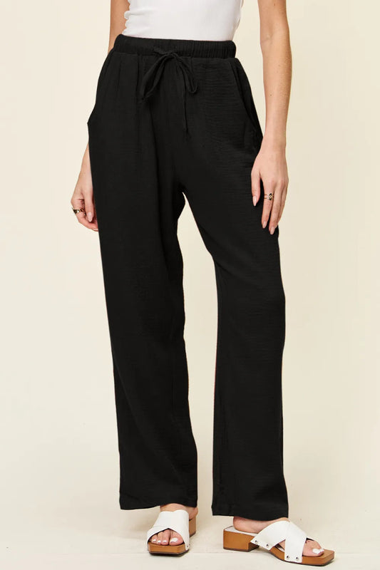 front view of Double Take texture drawstring straight pants for women showing relaxed fit and straight-leg silhouette