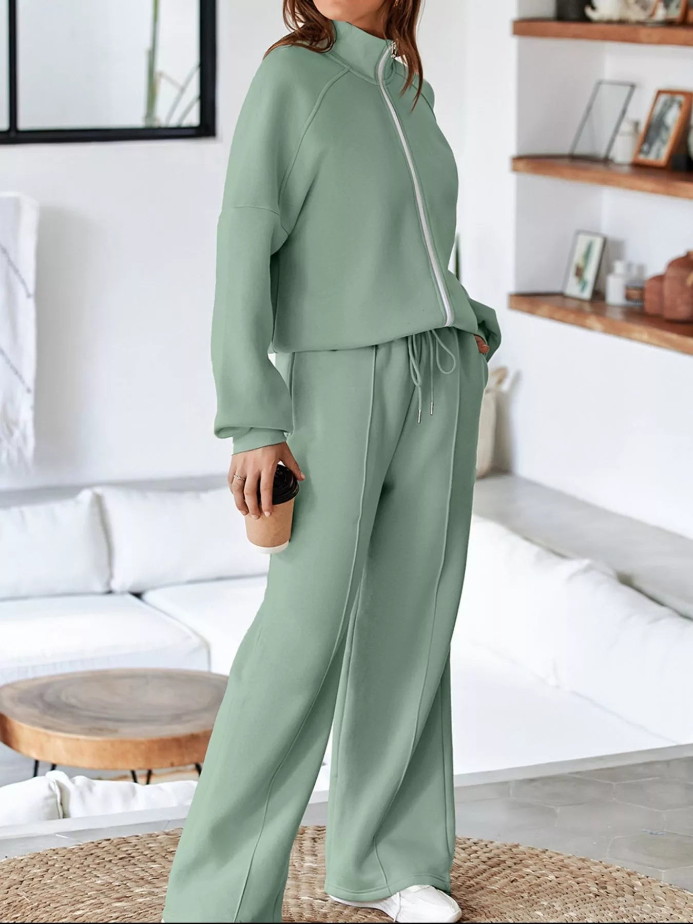 Drop Shoulder Zip Up Jacket & Drawstring Pants Set Activewear