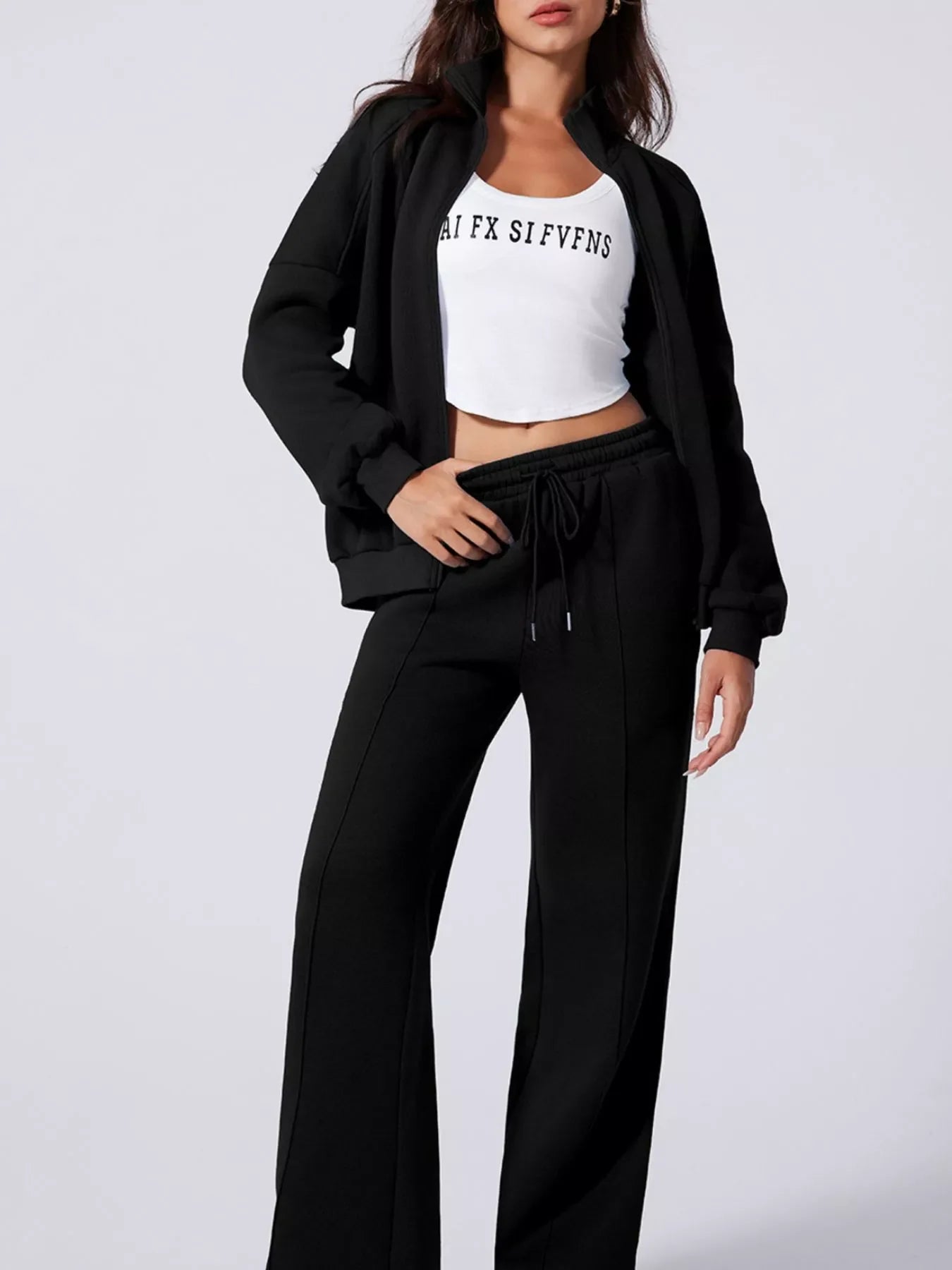 Drop Shoulder Zip Up Jacket & Drawstring Pants Set Activewear