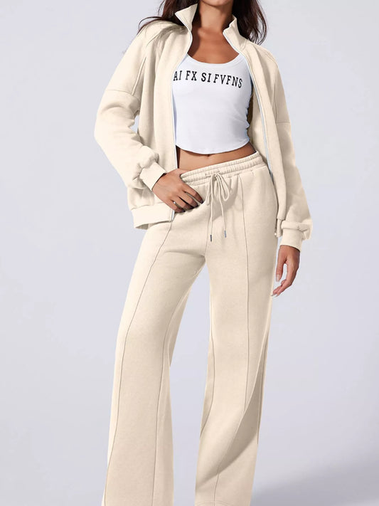 Drop Shoulder Zip Up Jacket & Drawstring Pants Set Activewear