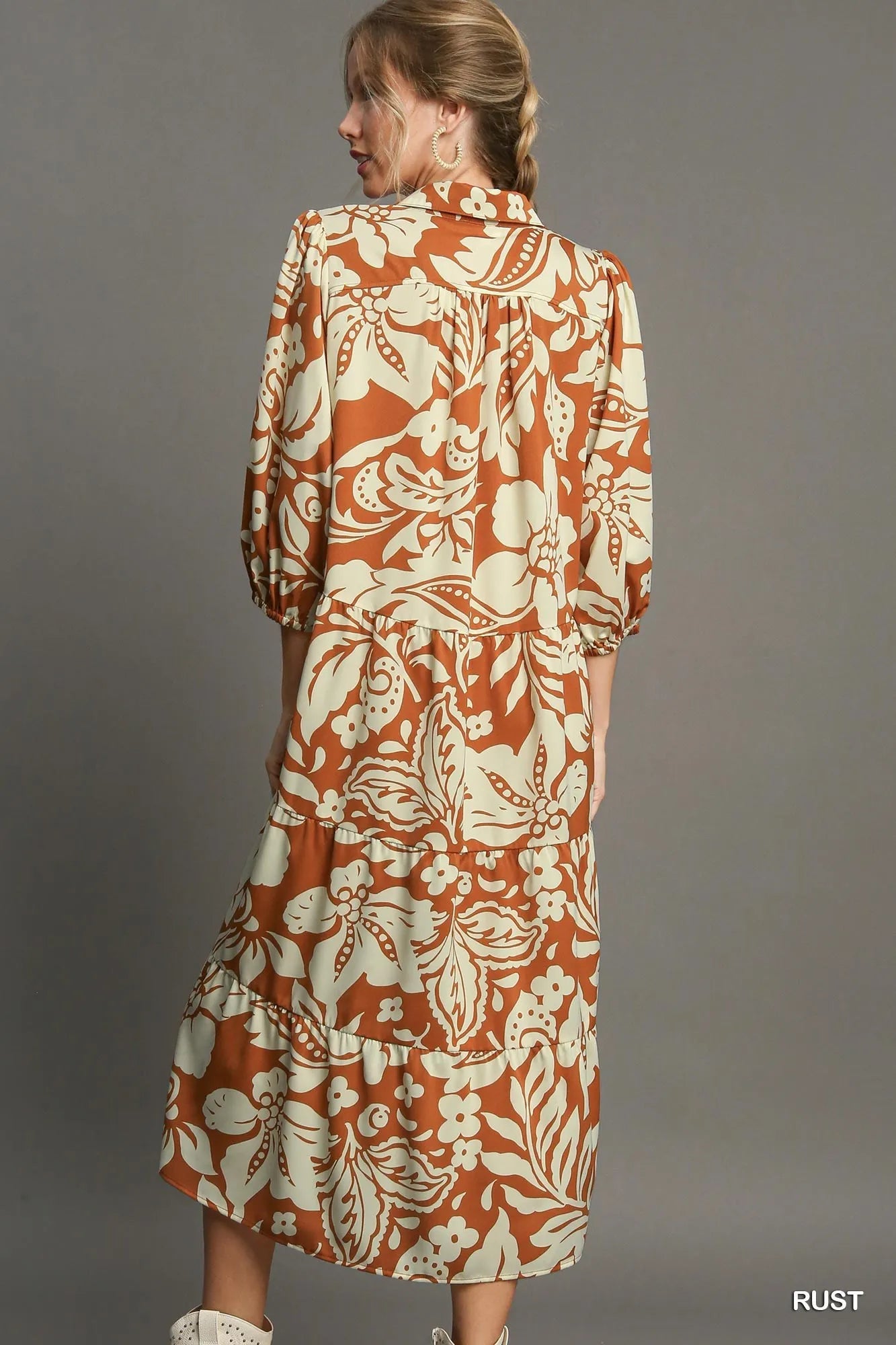Umgee Full Size Floral Tiered Midi Shirt Dress Plus Size - Flowy Fit