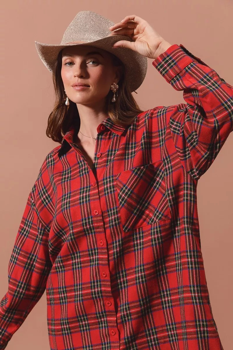 SO ME Christmas Checker Plaid Button Up Shirt Dress – Festive Style