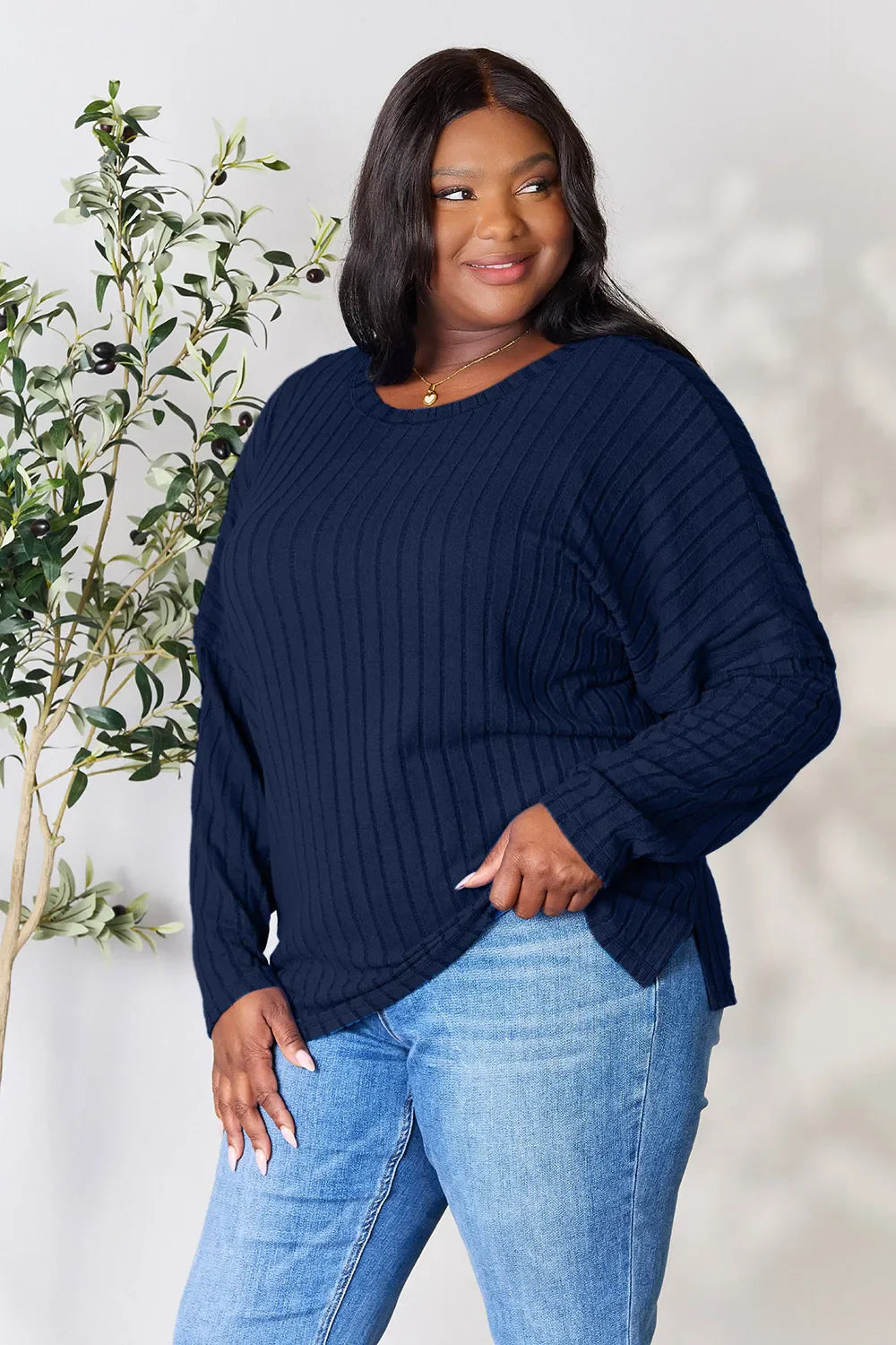Basic Bae Full Size Ribbed Round Neck Slit Knit Top – Stylish Comfort