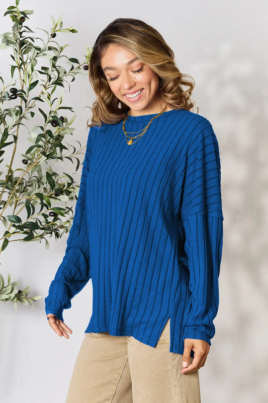 Basic Bae Full Size Ribbed Round Neck Slit Knit Top – Stylish Comfort