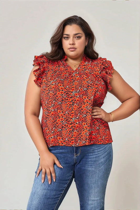 Double Take Floral Flutter Sleeve Notched Neck Blouse - Feminine Chic