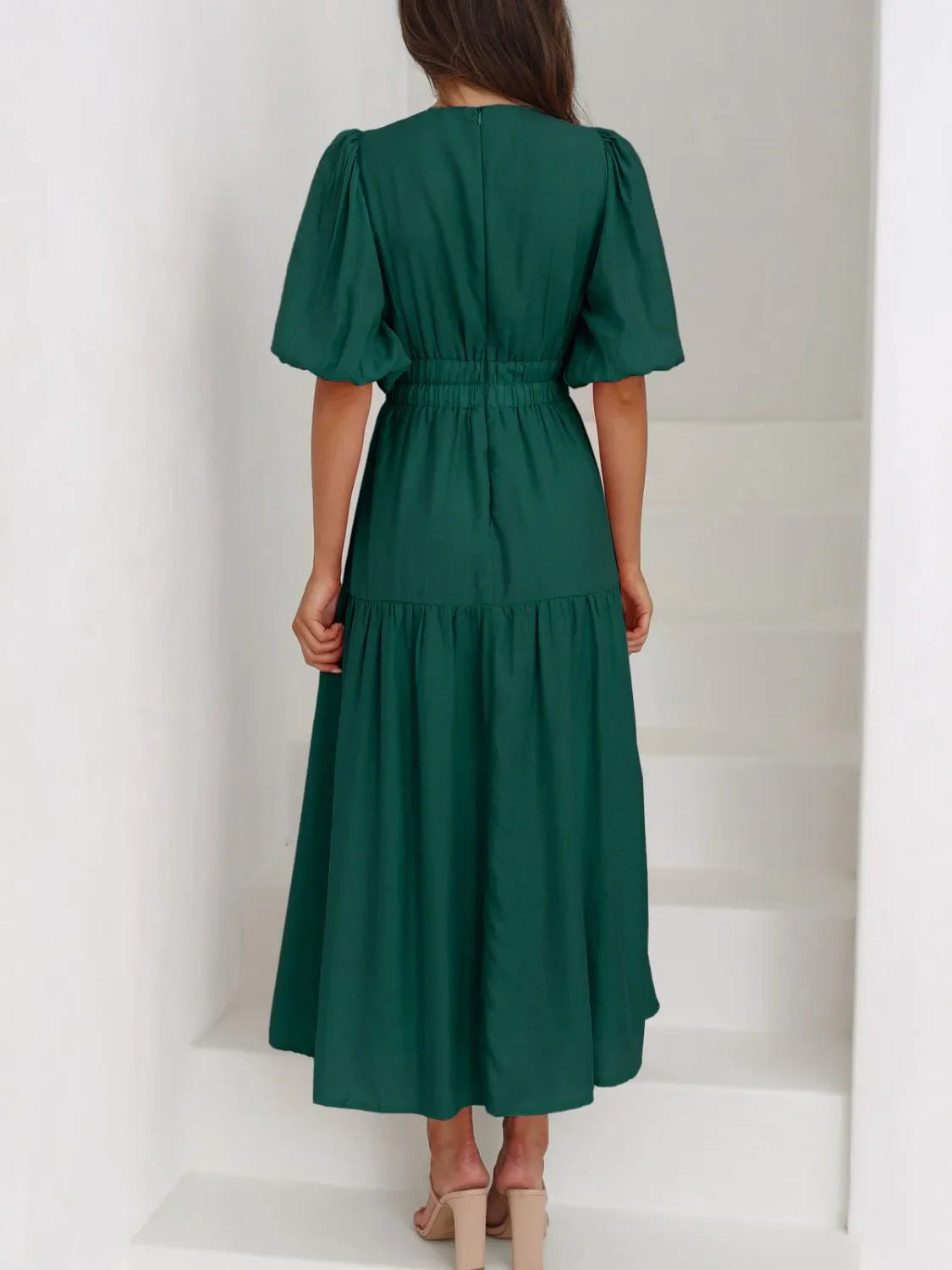 V-Neck Puff Sleeve Midi Dress | Elegant Styles at CentPrime