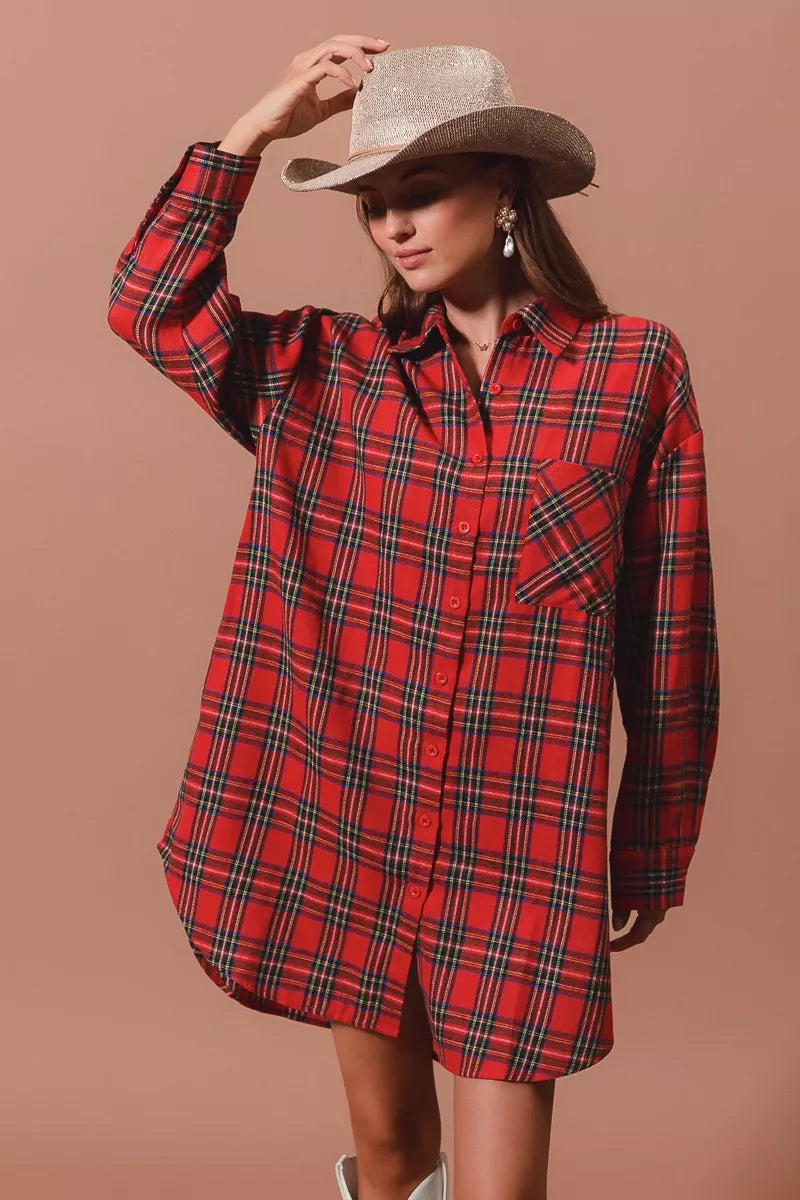 SO ME Christmas Checker Plaid Button Up Shirt Dress – Festive Style