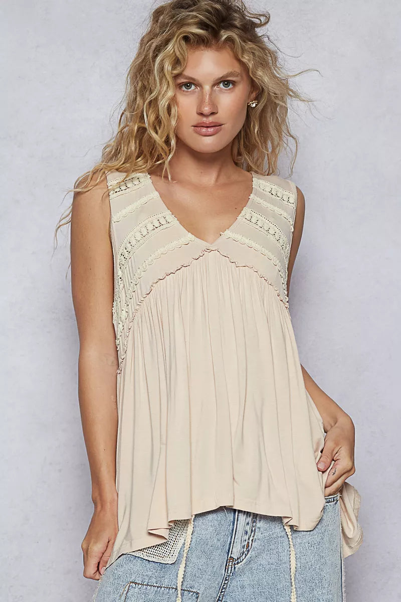 POL Lace Trim Babydoll Sleeveless Top with Ruffled and Raw Edge Detail