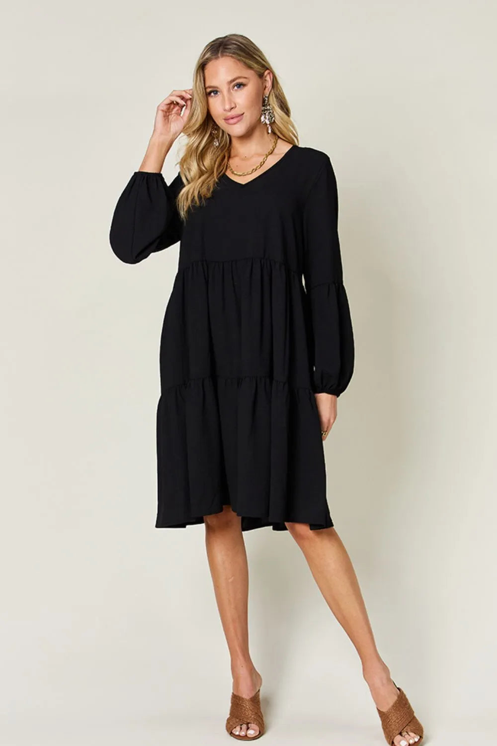 Double Take Full Size V-Neck Balloon Sleeve Tiered Dress | Pockets
