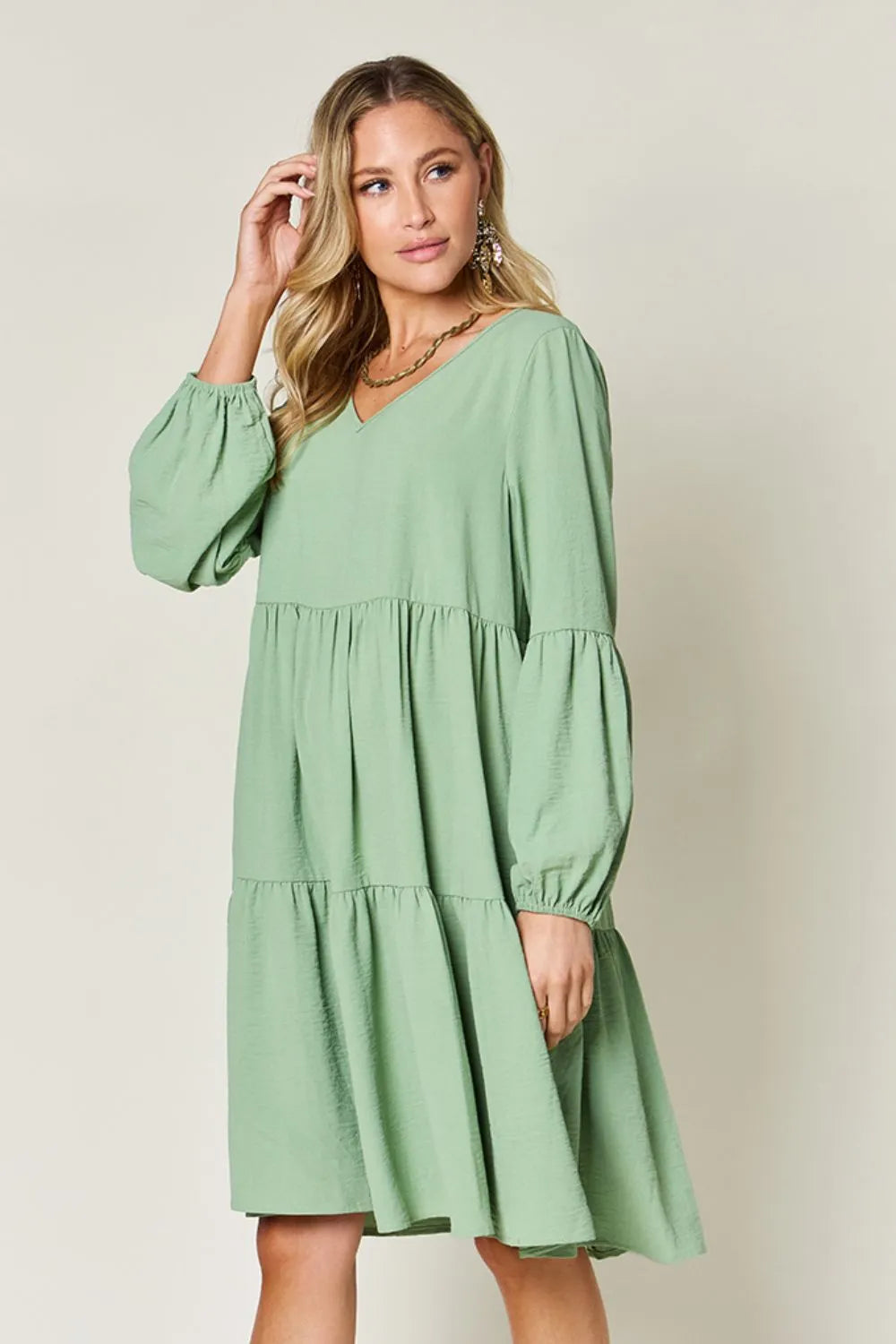 Double Take Full Size V-Neck Balloon Sleeve Tiered Dress | Pockets