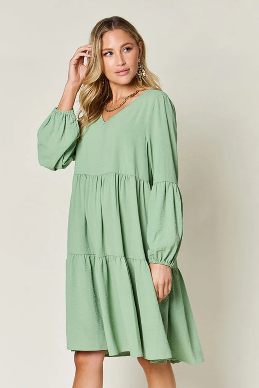 Double Take Full Size V-Neck Balloon Sleeve Tiered Dress | Pockets